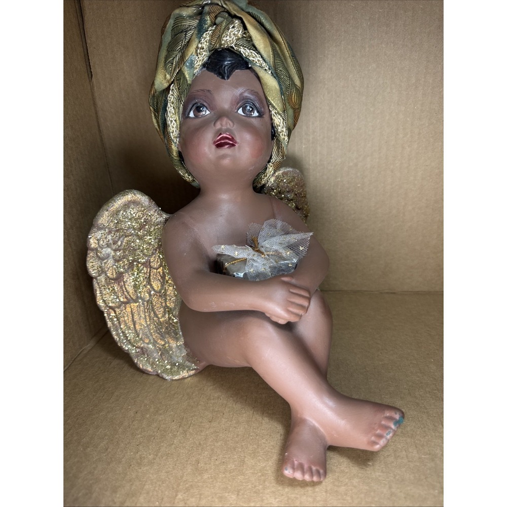 Vintage‎ Adorable Happy Angel Hand Painted Figurine 10" tall & 9" wide